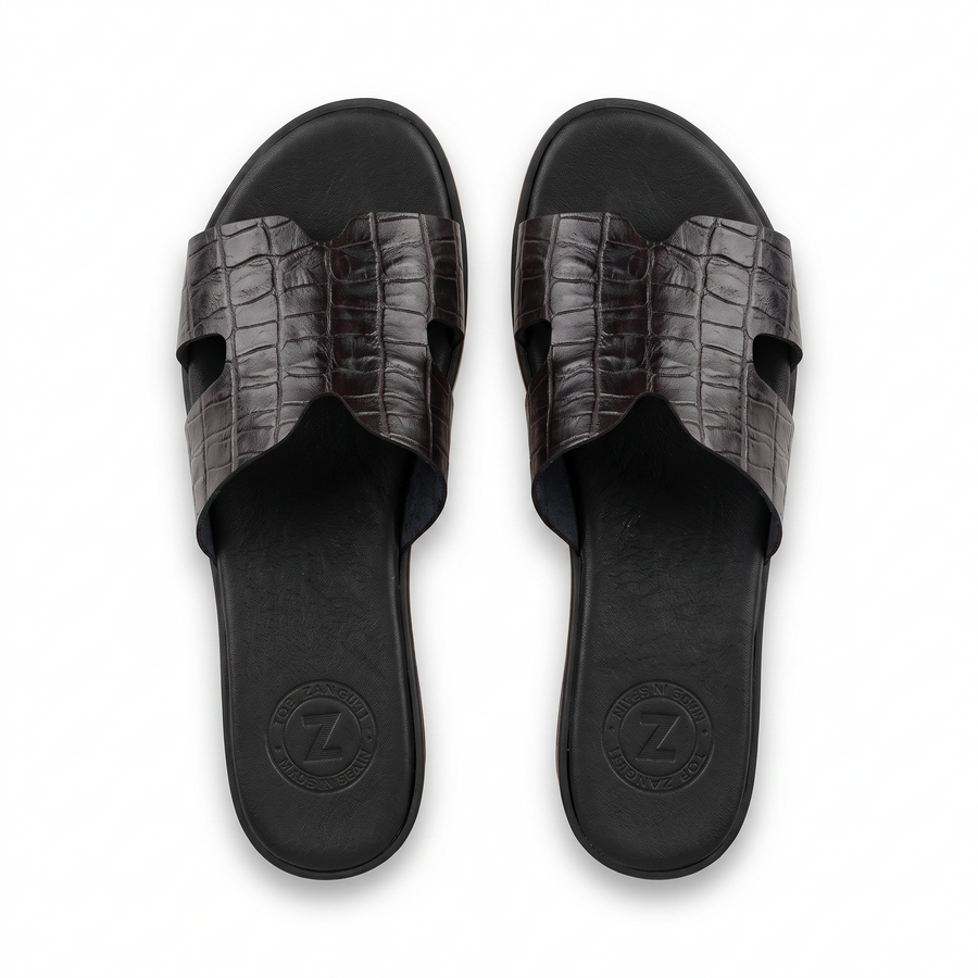Claquette Femme Luxe Cuir Croco Bride H - Top Zanelli Made in Spain 🇪🇸 - Noir