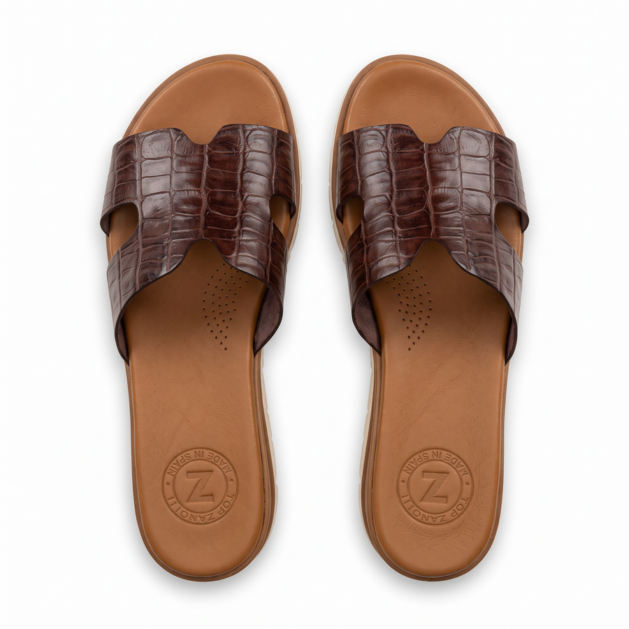 Claquette Femme Luxe Cuir Croco Bride H - Top Zanelli Made in Spain 🇪🇸 - Marron