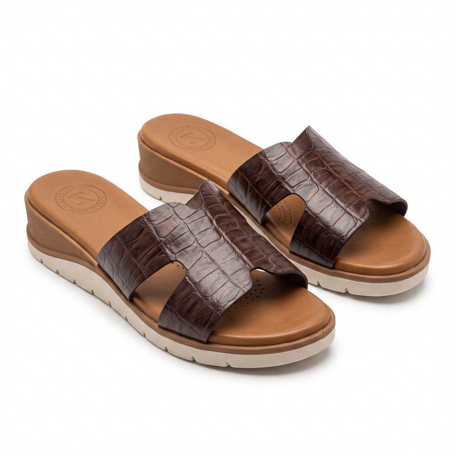 Claquette Femme Luxe Cuir Croco Bride H - Top Zanelli Made in Spain 🇪🇸 - Marron