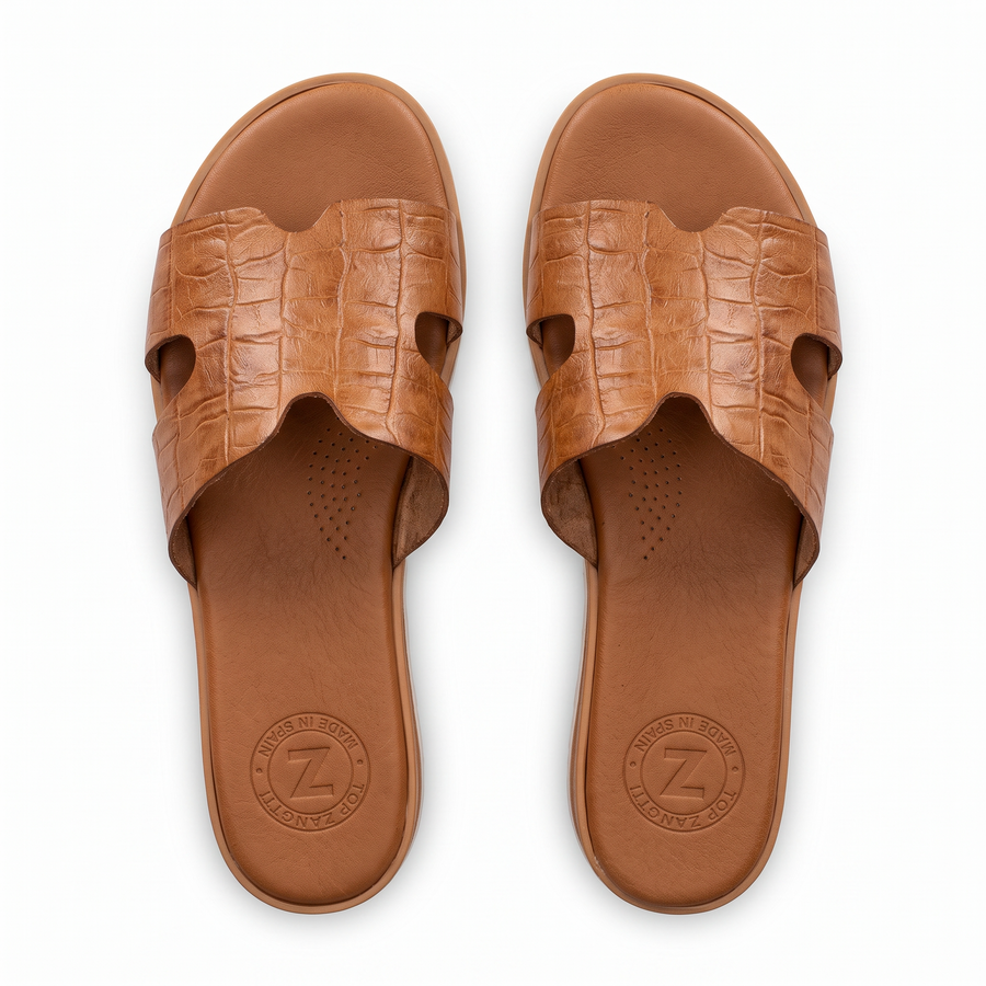Claquette Femme Luxe Cuir Croco Bride H - Top Zanelli Made in Spain 🇪🇸 - Camel