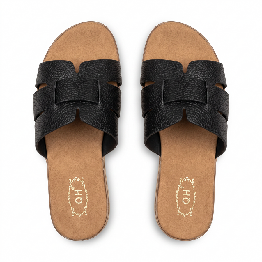 Sandale Femme QH Bride H Cuir Grain Semelle Compensee – Importées d’Espagne 🇪🇸  – Noir
