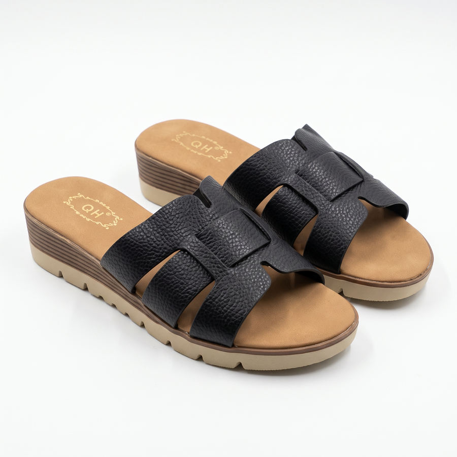 Sandale Femme QH Bride H Cuir Grain Semelle Compensee – Importées d’Espagne 🇪🇸  – Noir