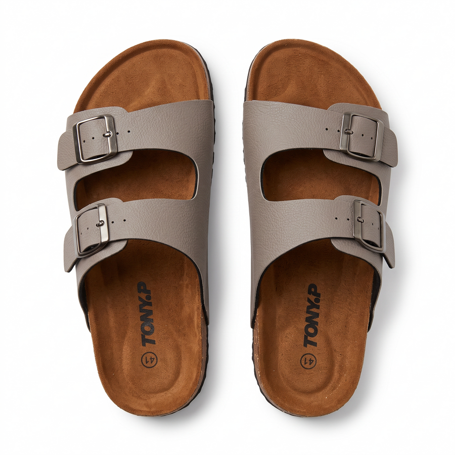 Sandales Homme Doubles Brides à Boucles Métalliques – Importées d'Espagne 🇪🇸 – Gris