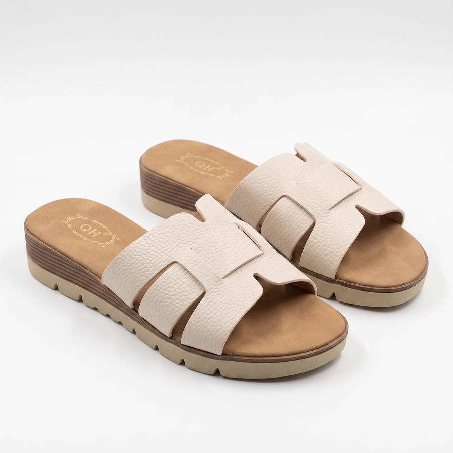 Sandale Femme QH Bride H Cuir Grain Semelle Compensee – Importées d’Espagne 🇪🇸  – Beige
