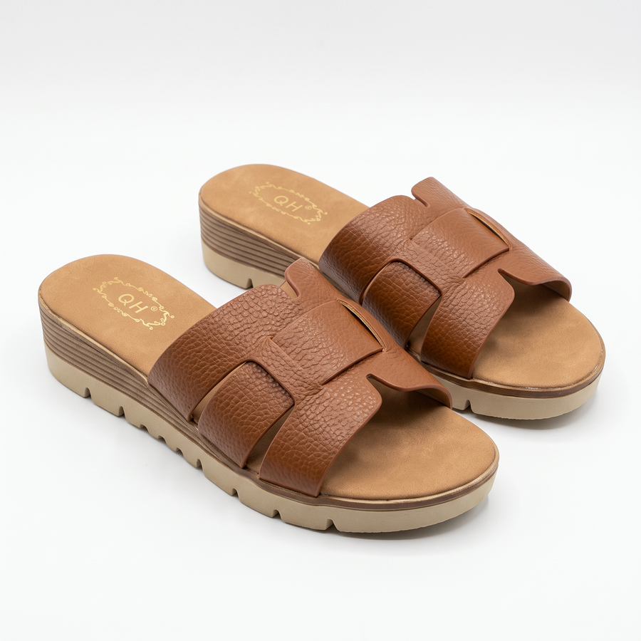 Sandale Femme QH Bride H Cuir Grain Semelle Compensee – Importées d’Espagne 🇪🇸  – Camel
