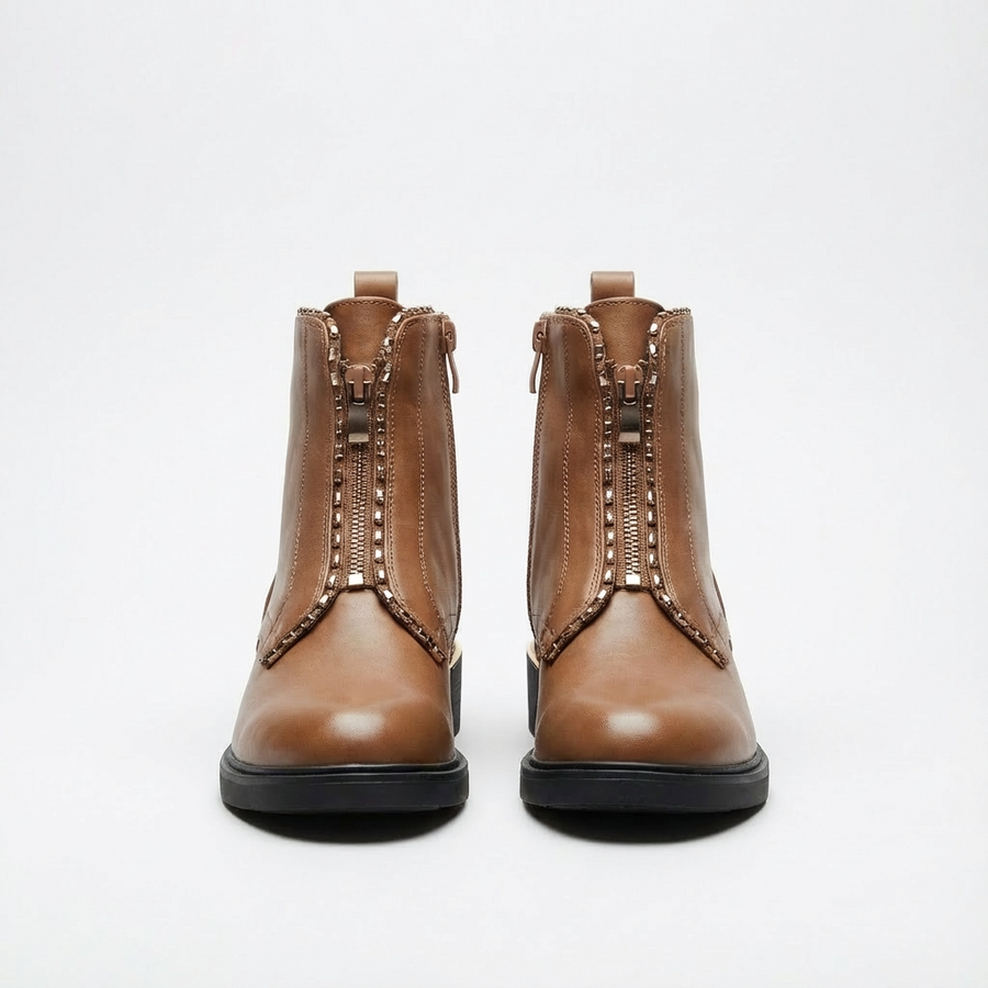 Bottines Femme en Cuir Marron à Zip – Importées d’Espagne 🇪🇸