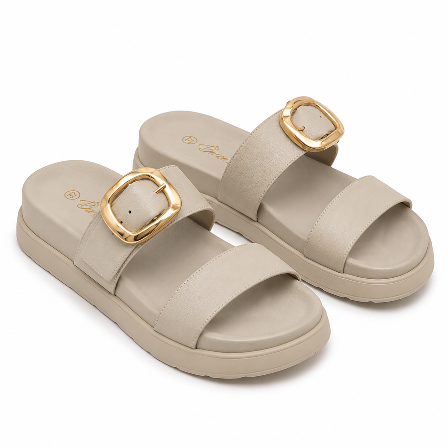 Sandales Femme Double Bride Boucle Dorée - Beige Ivoire -  Importées d'Espagne 🇪🇸