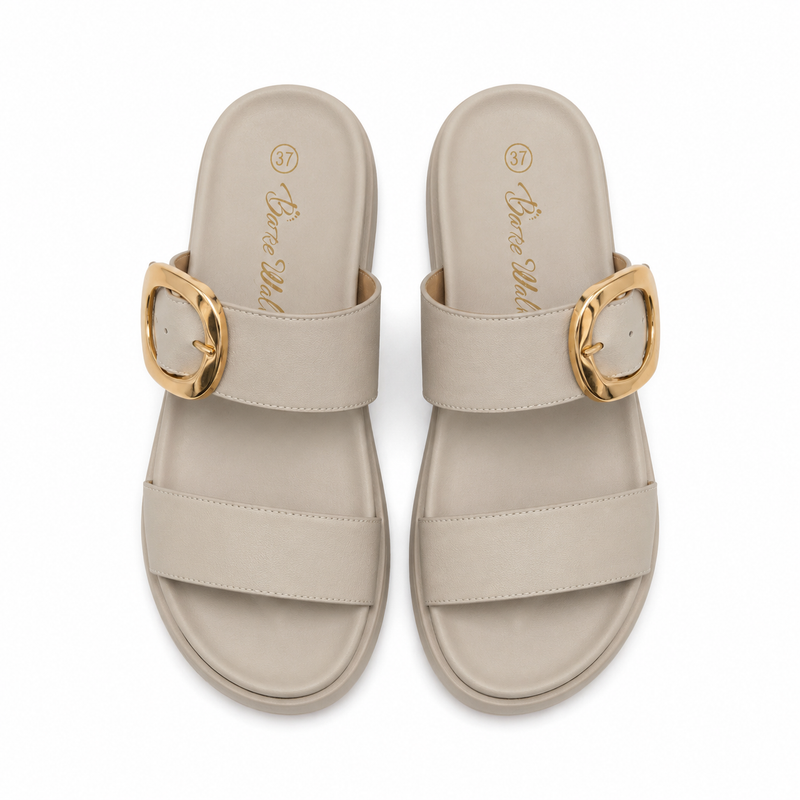 Sandales Femme Double Bride Boucle Dorée - Beige Ivoire -  Importées d'Espagne 🇪🇸