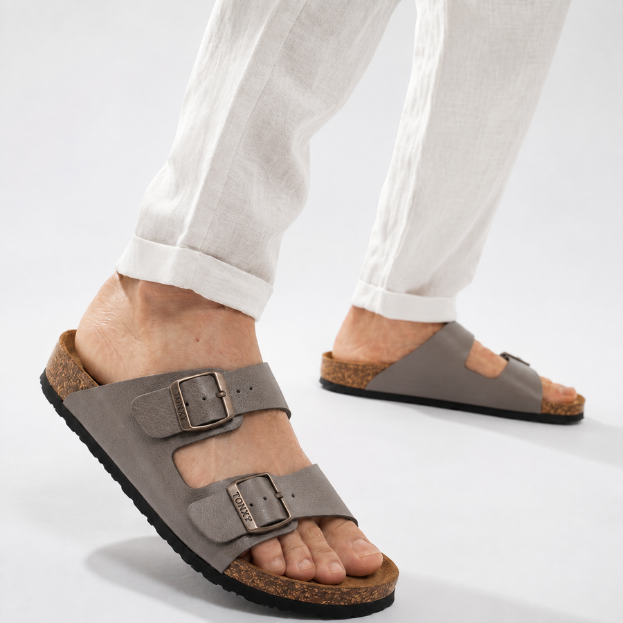 Sandales Homme Doubles Brides à Boucles Métalliques – Importées d'Espagne 🇪🇸 – Gris