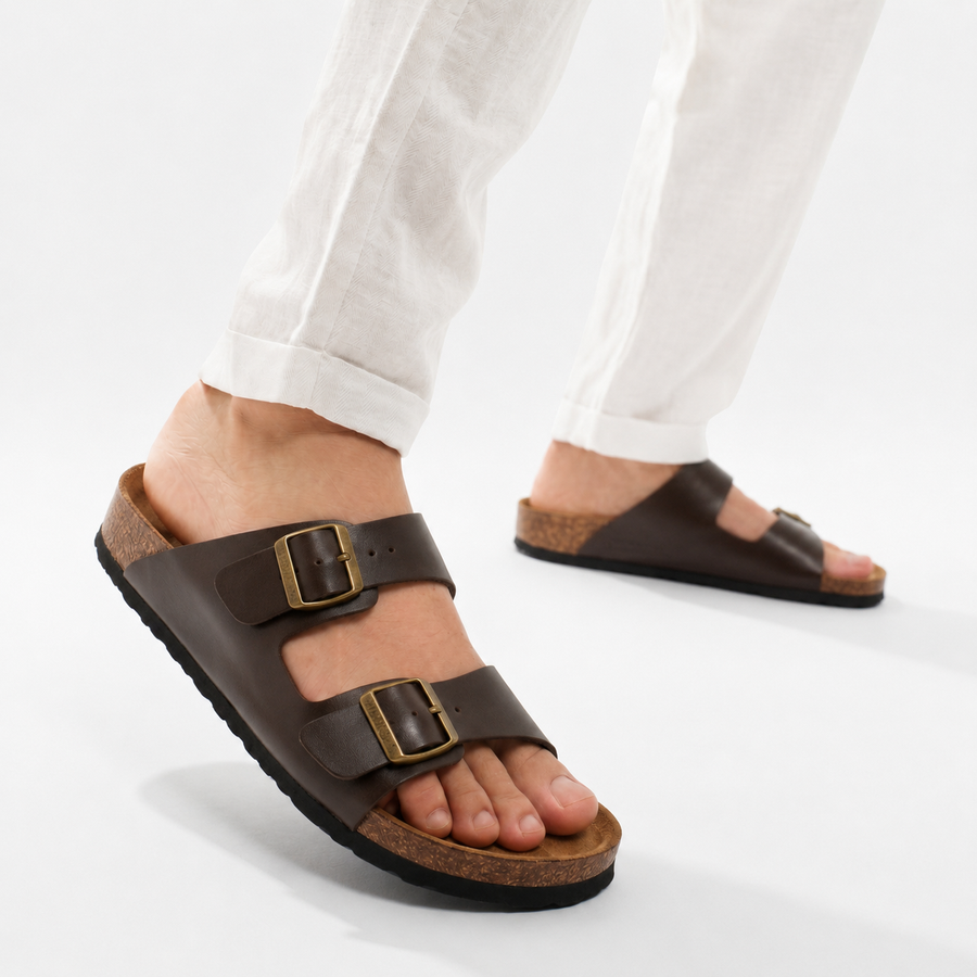 Sandales Homme Doubles Brides à Boucles Métalliques – Importées d’Espagne 🇪🇸 – Marron