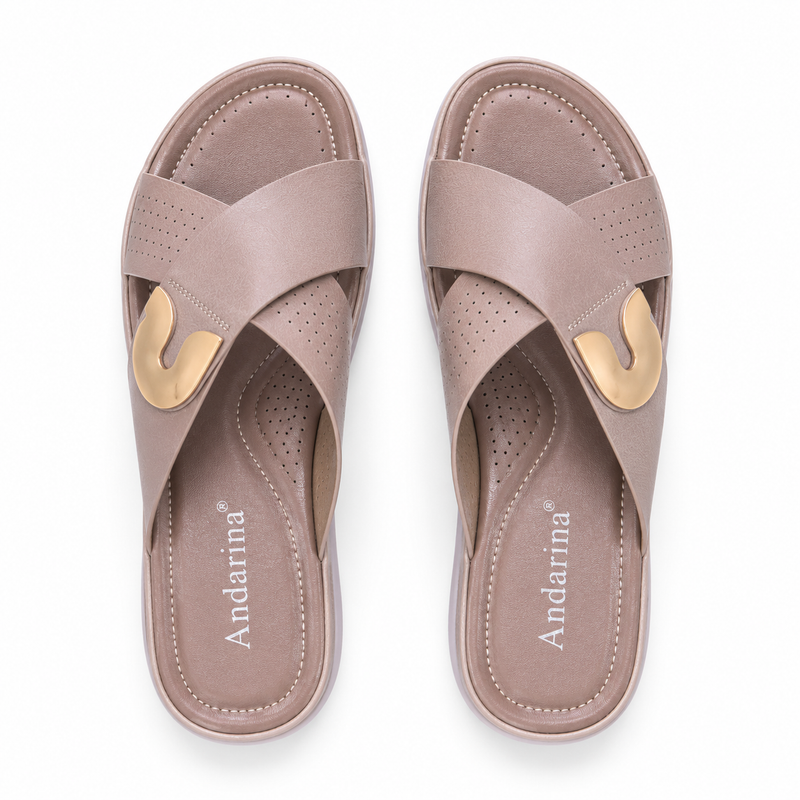 Sandales Femme Compensées Croisées Ornement Doré — Taupe — Importées d'Espagne 🇪🇸