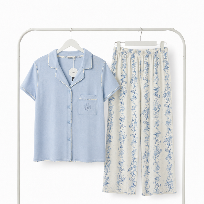 Pyjama Bombas Femme Bleu Fleuri TRESS – Importé d'Espagne 🇪🇸
