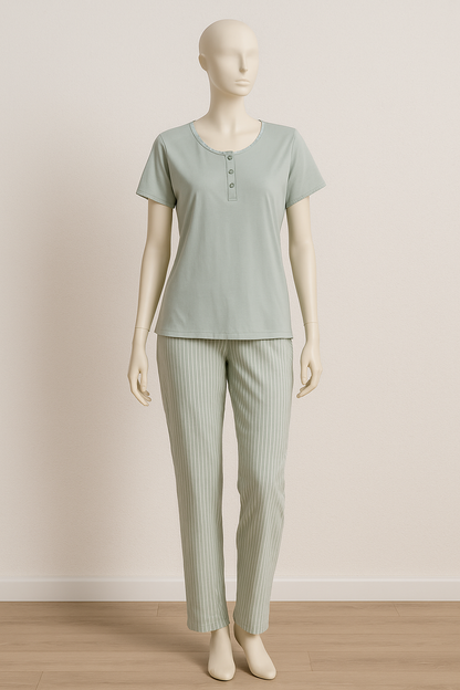 Pyjama Femme Confort Élégant – Vert Sauge Rayé ( PG257031)