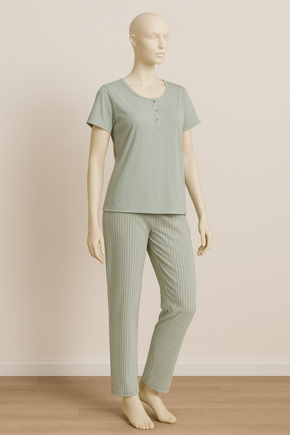 Pyjama Femme Confort Élégant – Vert Sauge Rayé ( PG257031)