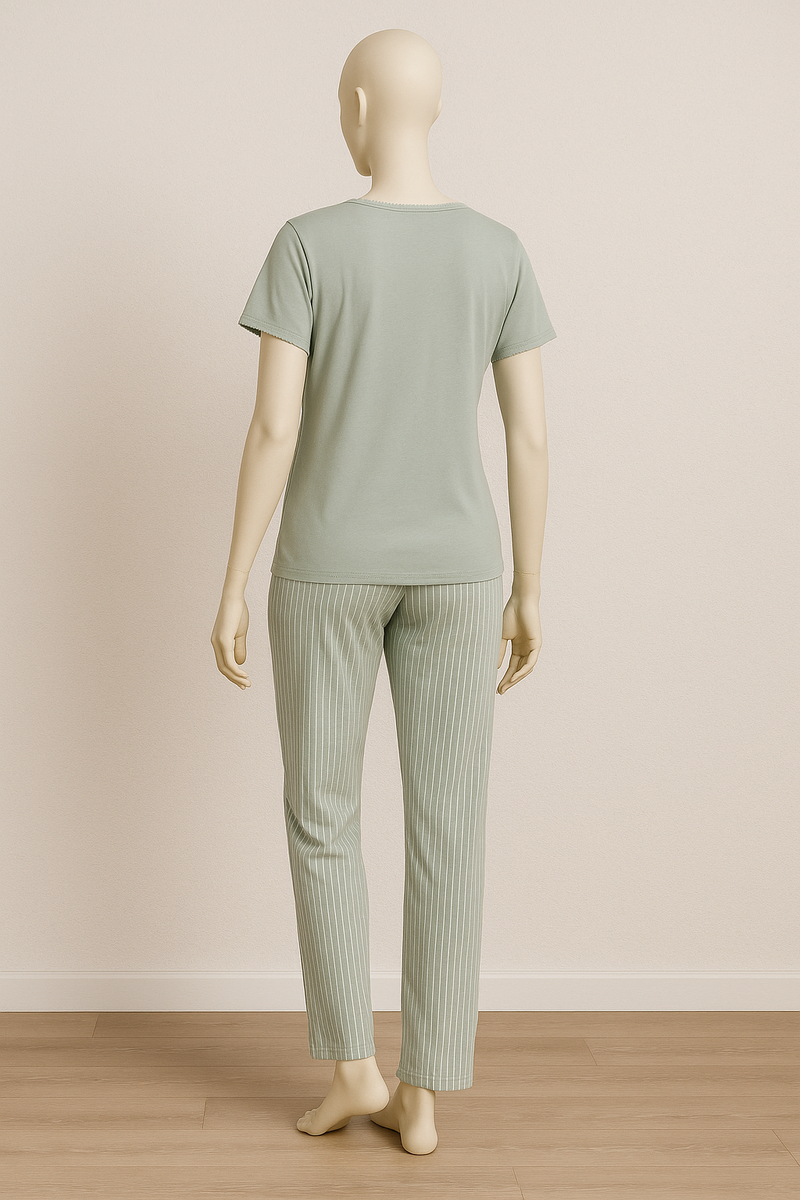 Pyjama Femme Confort Élégant – Vert Sauge Rayé ( PG257031)
