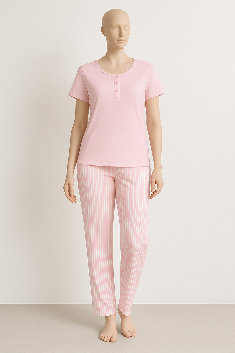 Pyjama Femme Confort Élégant – Vert Sauge Rayé ( PG257031)