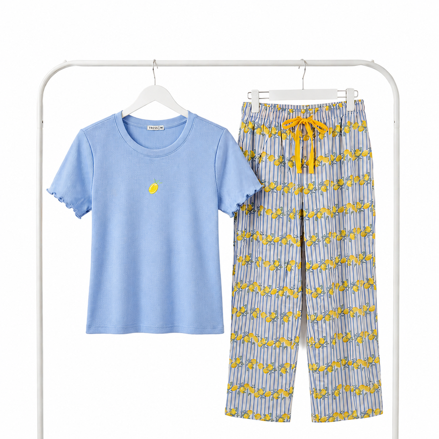 Pyjama Tress Femme Bleu & Jaune – Importé d’Espagne 🇪🇸