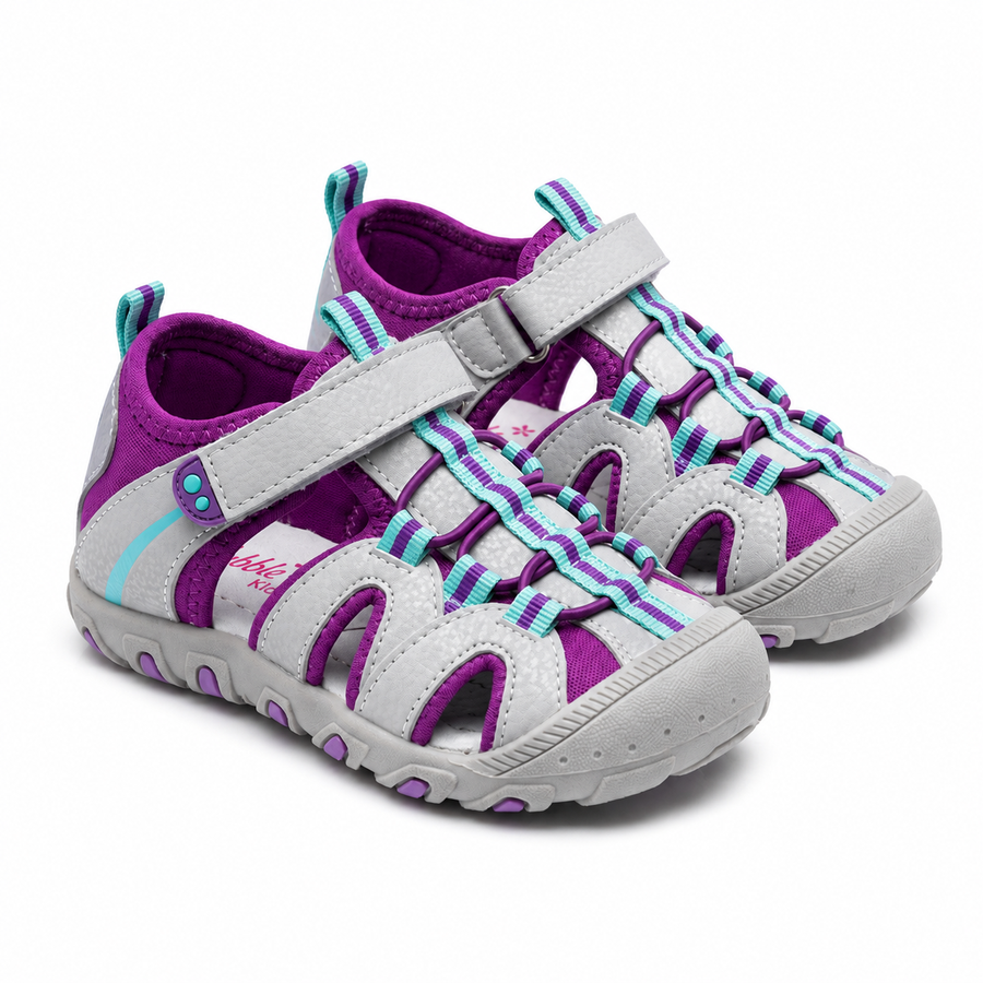 Sandales Fille Scratch Gris & Violet – Importées d’Espagne 🇪🇸
