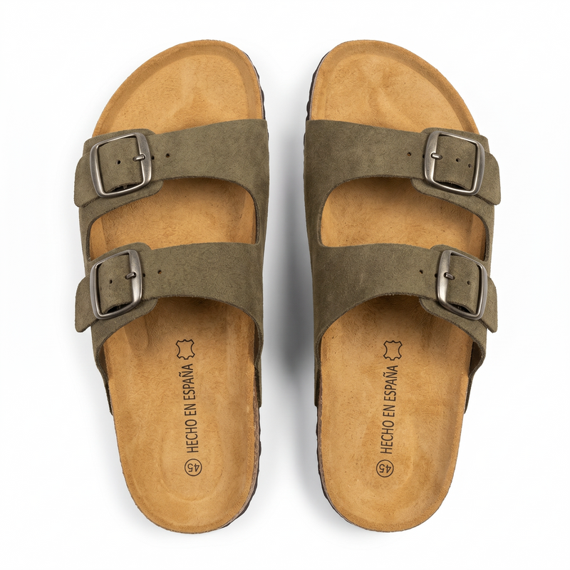 Sandales Homme Kaki Doubles à Boucles Métalliques – Fabriquées en Espagne 🇪🇸