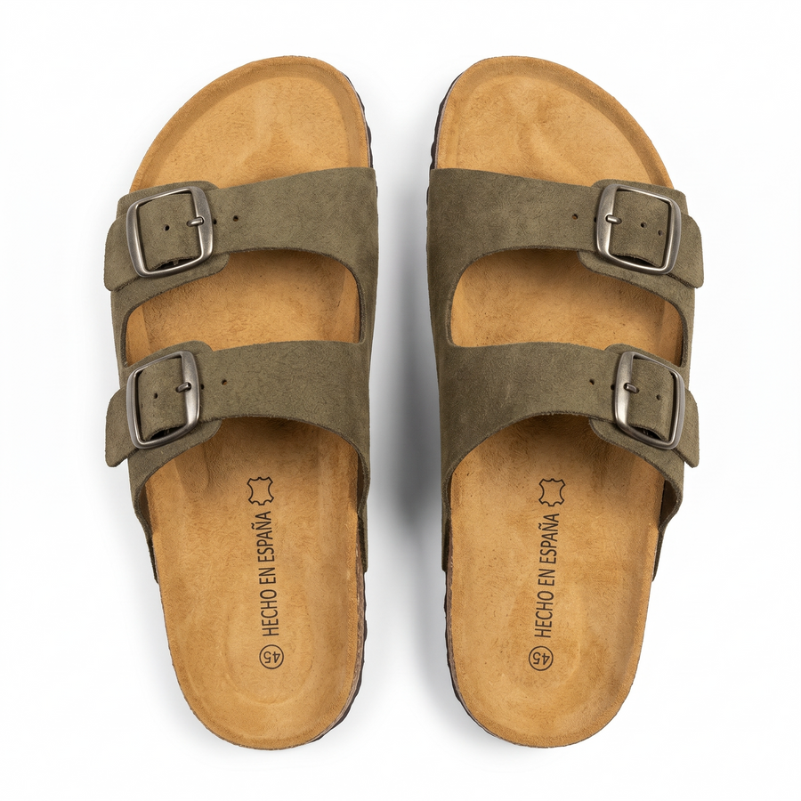 Sandales Homme Kaki Doubles à Boucles Métalliques – Fabriquées en Espagne 🇪🇸