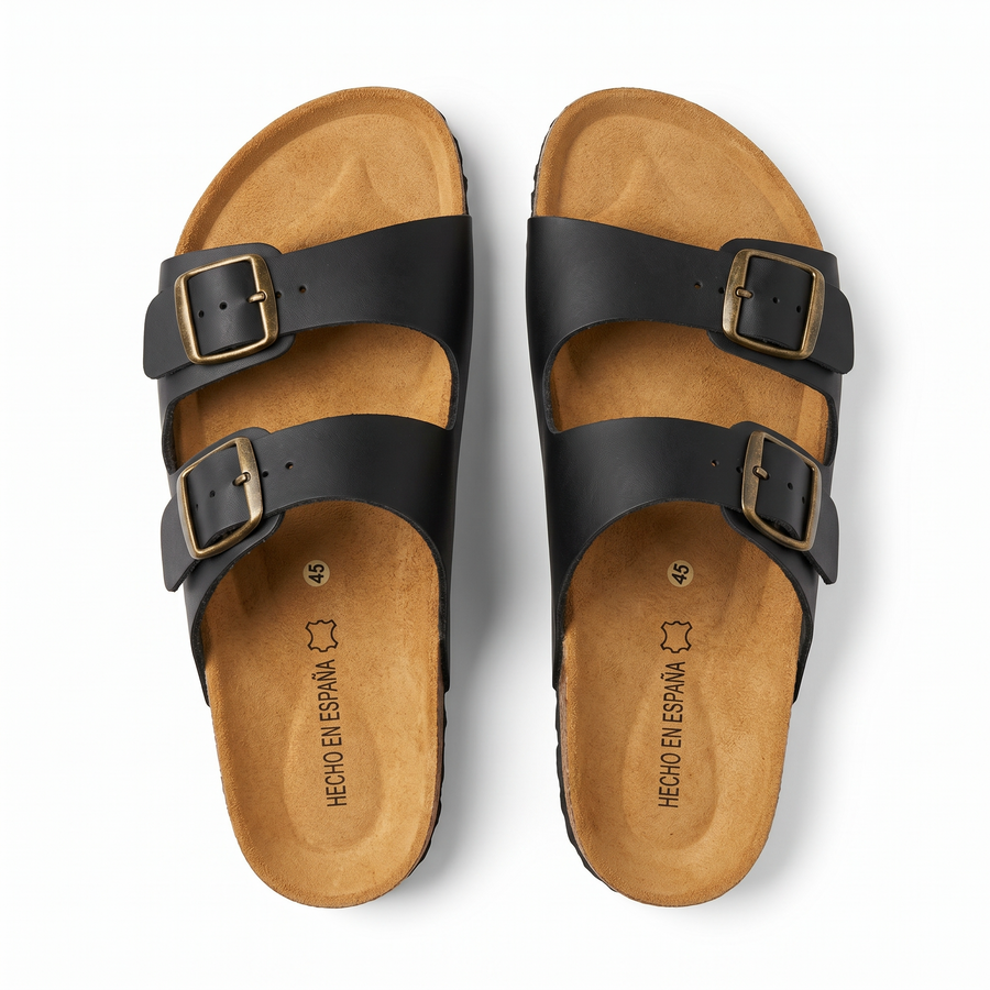 Sandales Homme Noir Doubles à Boucles Métalliques – Fabriquées en Espagne 🇪🇸