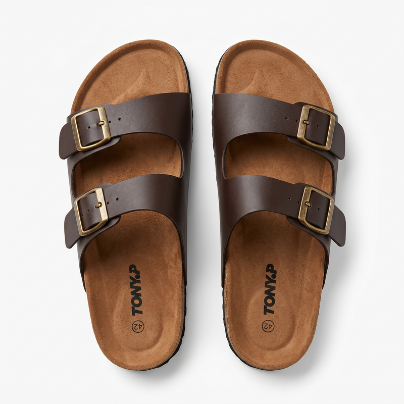 Sandales Homme Marron Doubles Brides à Boucles Métalliques – Importées d’Espagne 🇪🇸