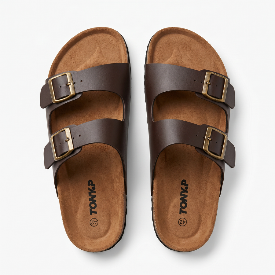 Sandales Homme Doubles Brides à Boucles Métalliques – Importées d’Espagne 🇪🇸 – Marron