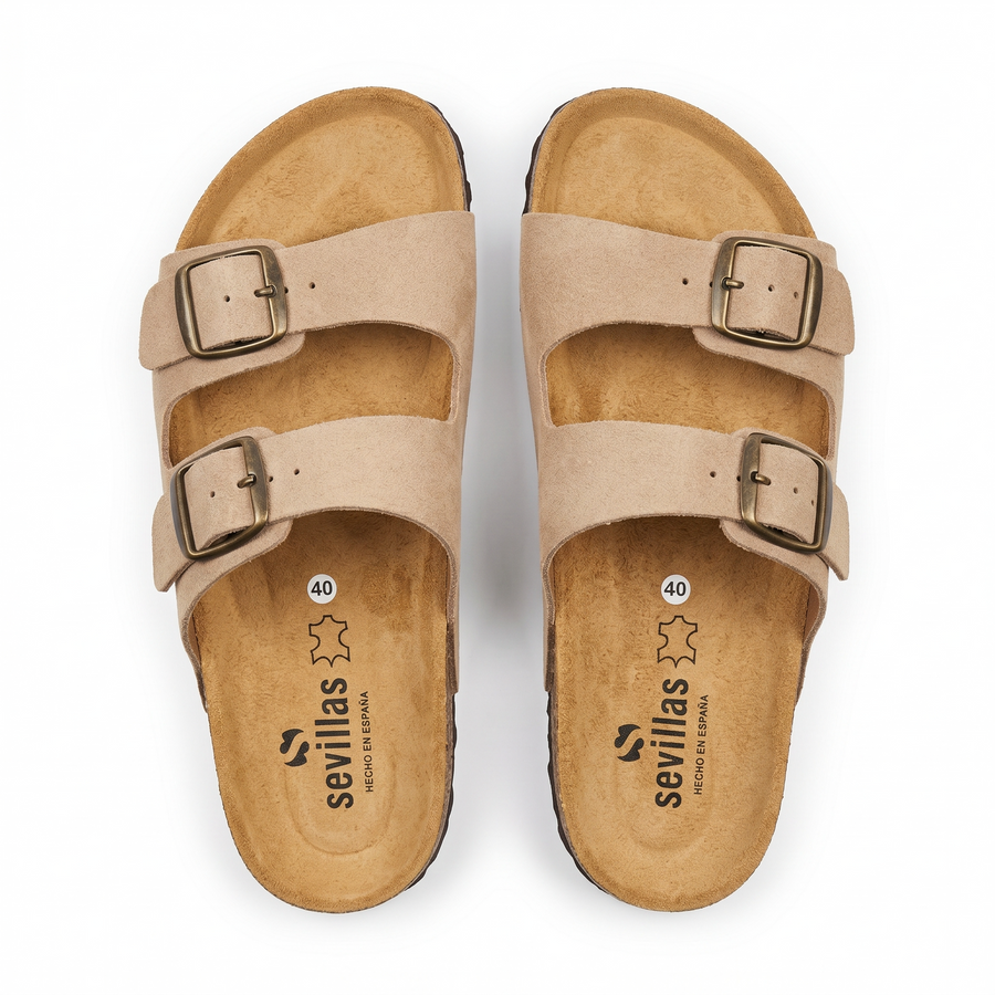 Sandales Homme Beige Doubles à Boucles Métalliques – Fabriquées en Espagne 🇪🇸