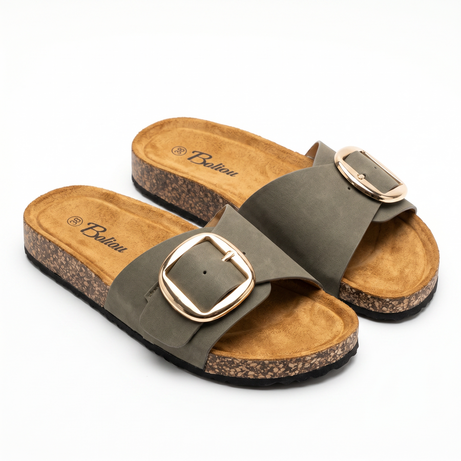 Sandales Femme Kaki Boucle Dorée Oversize – Semelle Liège – Importées d'Espagne 🇪🇸