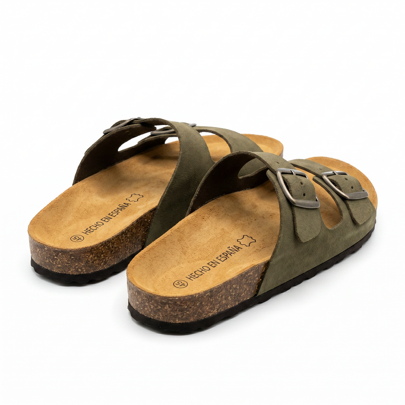 Sandales Homme Kaki Doubles à Boucles Métalliques – Fabriquées en Espagne 🇪🇸
