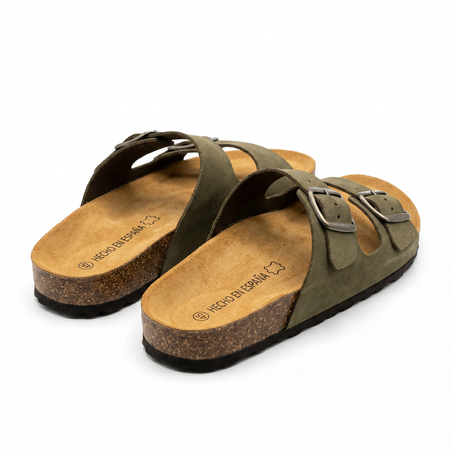 Sandales Homme Kaki Doubles à Boucles Métalliques – Fabriquées en Espagne 🇪🇸
