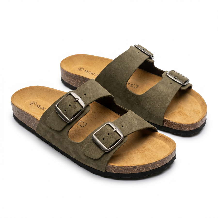 Sandales Homme Kaki Doubles à Boucles Métalliques – Fabriquées en Espagne 🇪🇸