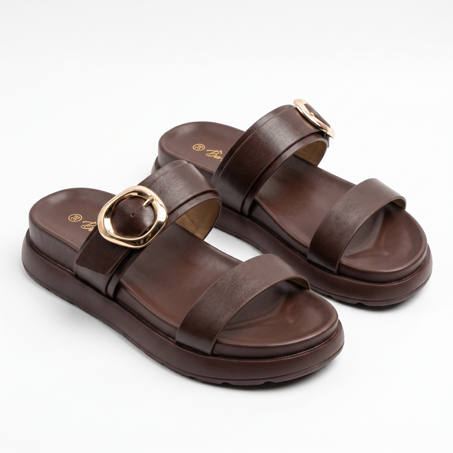 Sandales Femme Double Bride Boucle Dorée - Marron Chocolat - Importées d'Espagne 🇪🇸