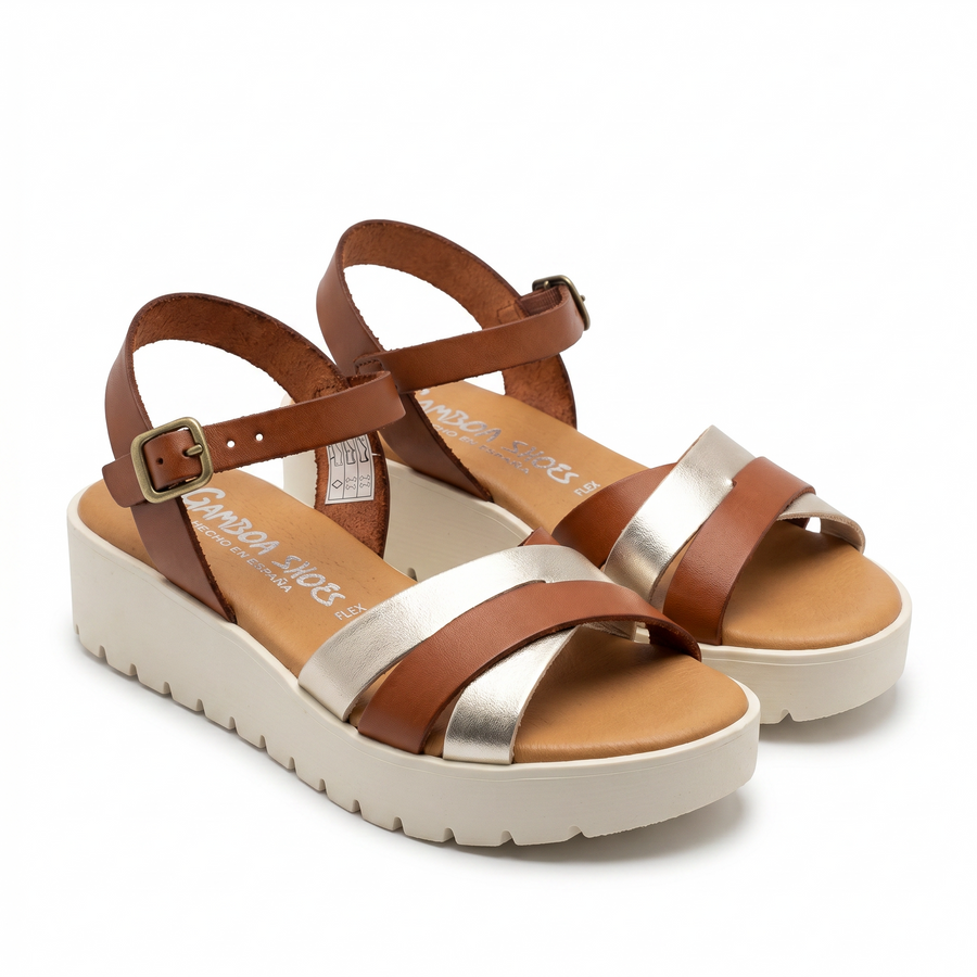 Sandales Femme Brides Croisées en Cuir – camel & Argent  – Fabriquées en Espagne 🇪🇸