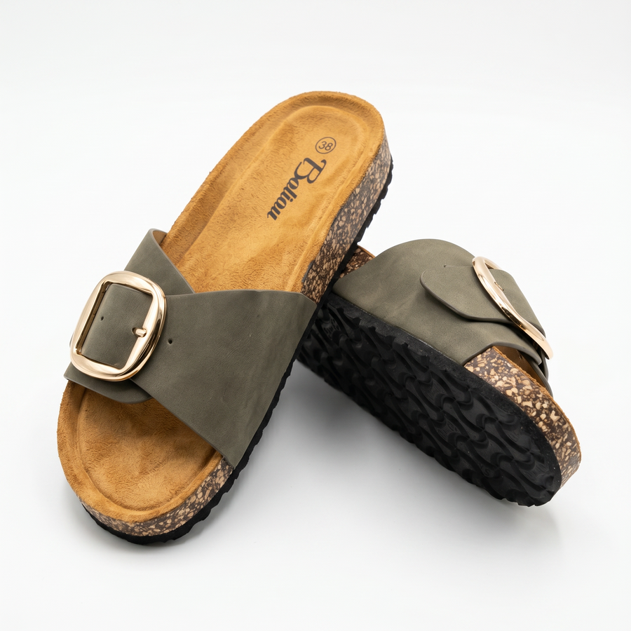 Sandales Femme Kaki Boucle Dorée Oversize – Semelle Liège – Importées d'Espagne 🇪🇸