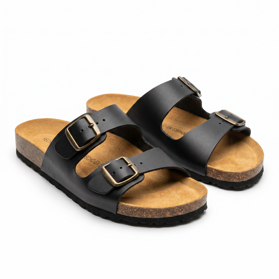 Sandales Homme Noir Doubles à Boucles Métalliques – Fabriquées en Espagne 🇪🇸