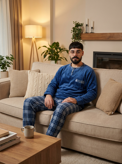 Pyjama Bombas Espagne — modèle satiné velours bleu et pantalon à carreaux blanc/bleu.