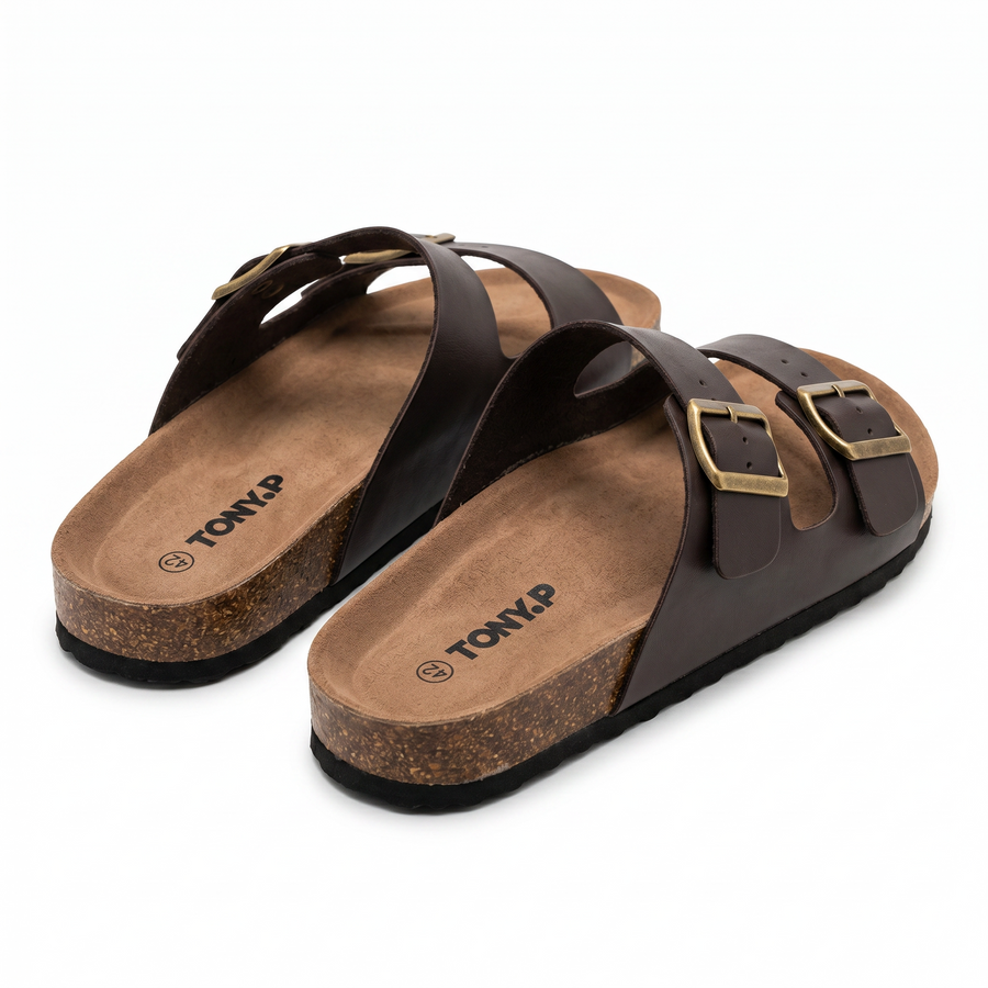 Sandales Homme Doubles Brides à Boucles Métalliques – Importées d’Espagne 🇪🇸 – Marron