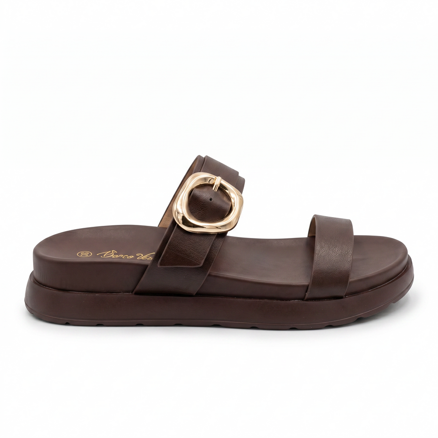Sandales Femme Double Bride Boucle Dorée - Marron Chocolat - Importées d'Espagne 🇪🇸