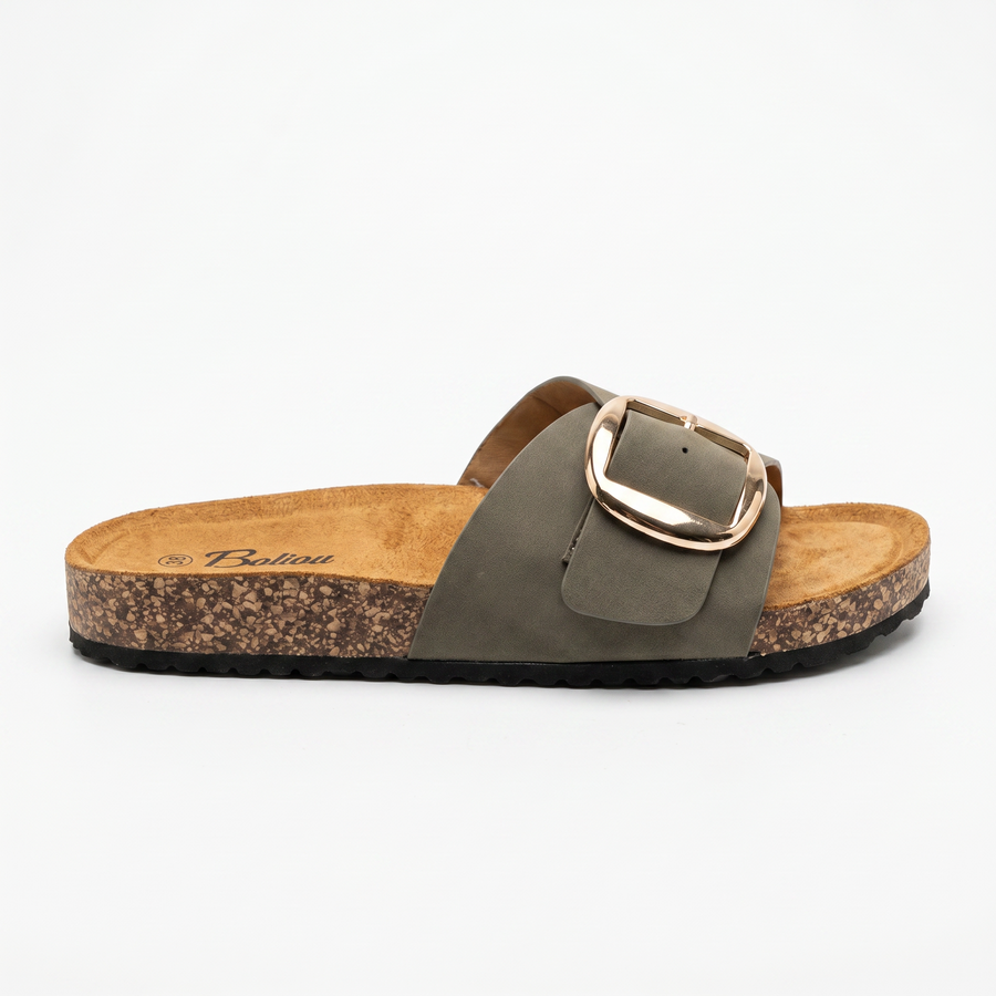 Sandales Femme Kaki Boucle Dorée Oversize – Semelle Liège – Importées d'Espagne 🇪🇸