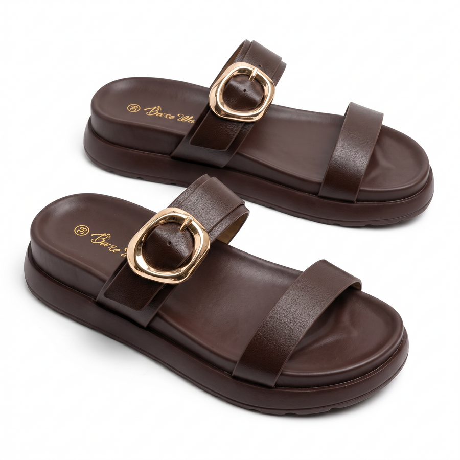 Sandales Femme Double Bride Boucle Dorée - Marron Chocolat - Importées d'Espagne 🇪🇸