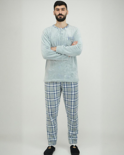 Pyjama homme hiver confortable avec pantalon à carreaux, vêtement de nuit chaud disponible au Maroc
