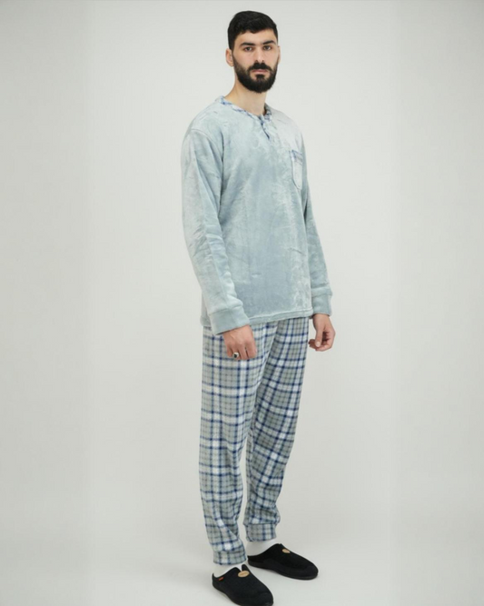 Pyjama homme hiver confortable avec pantalon à carreaux, vêtement de nuit chaud disponible au Maroc