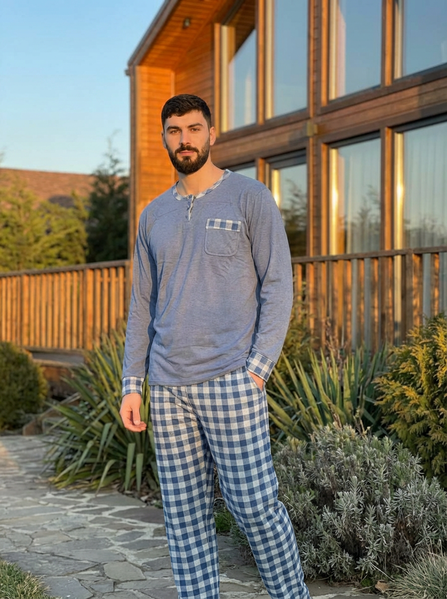 Pyjama Bombas homme importé d’Espagne — haut bleu clair et pantalon à carreaux bleus.
