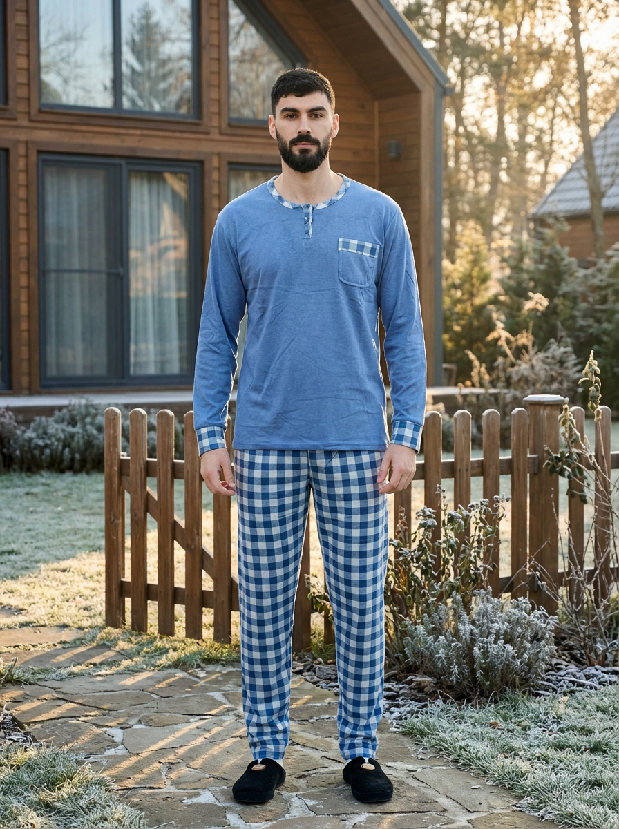 Pyjama Bombas homme importé d’Espagne — haut bleu clair et pantalon à carreaux bleus.