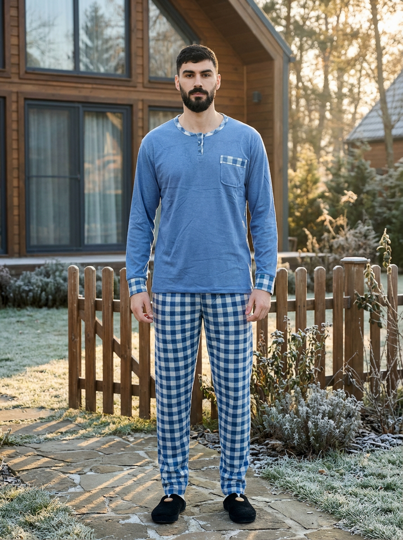 Pyjama Homme Hiver Velours Bleu Pastel & Carreaux – Importé d’Espagne - (KF 34)