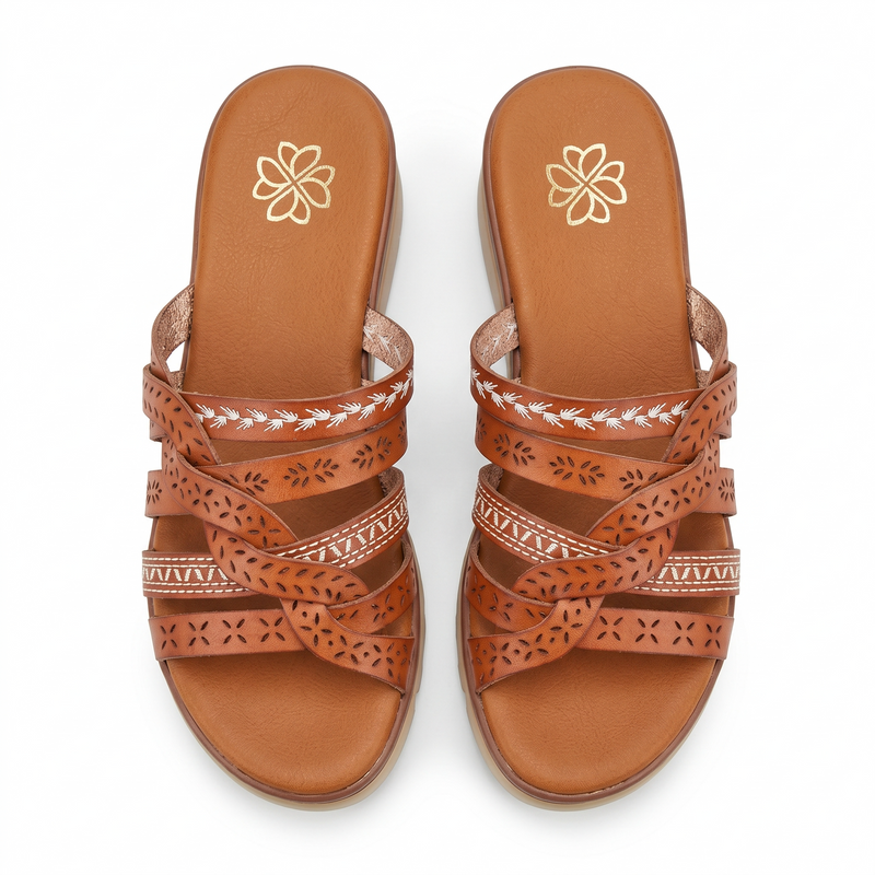 Sandales Femme Tressées Multi-Brides Camel – Semelle Compensée Brodée – Importées d'Espagne 🇪🇸
