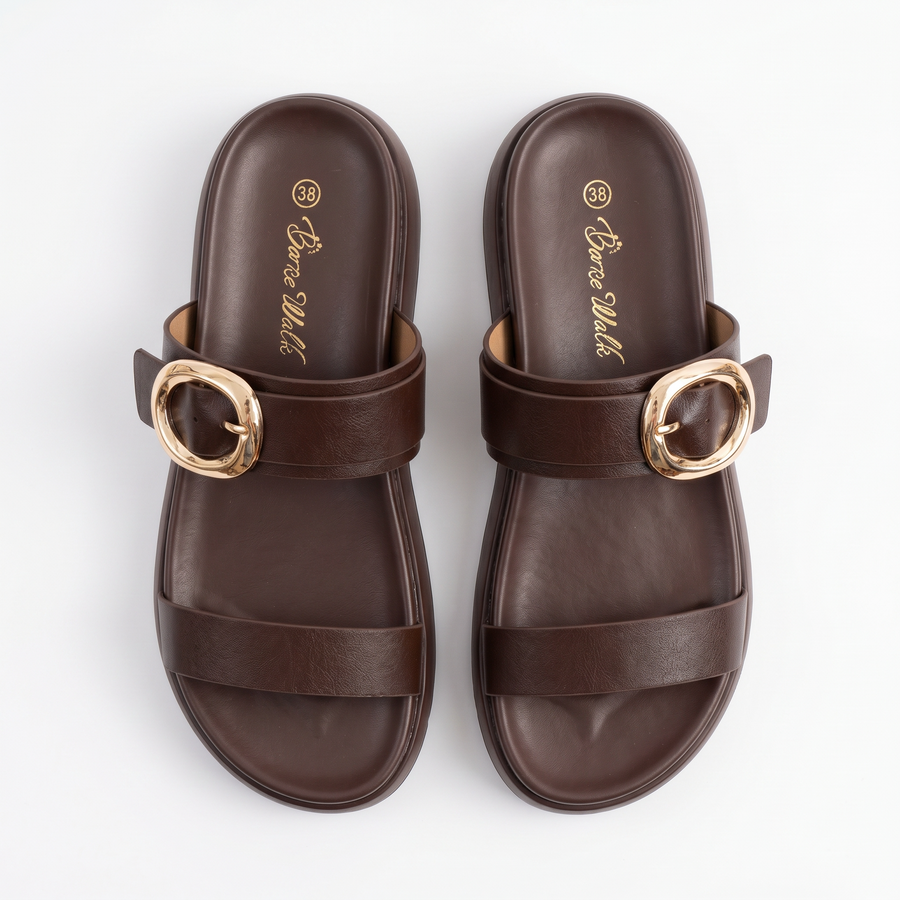 Sandales Femme Double Bride Boucle Dorée - Marron Chocolat - Importées d'Espagne 🇪🇸