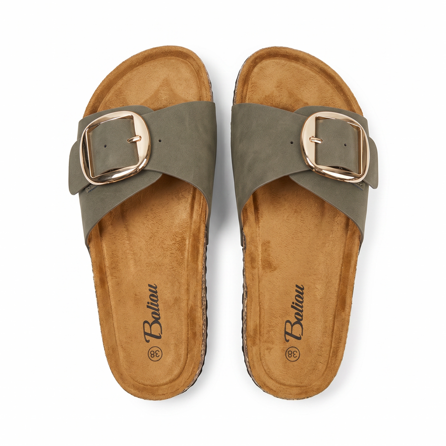 Sandales Femme Kaki Boucle Dorée Oversize – Semelle Liège – Importées d'Espagne 🇪🇸