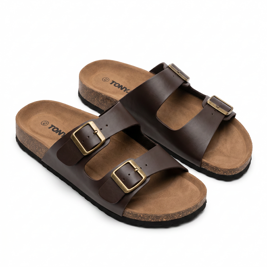 Sandales Homme Doubles Brides à Boucles Métalliques – Importées d’Espagne 🇪🇸 – Marron